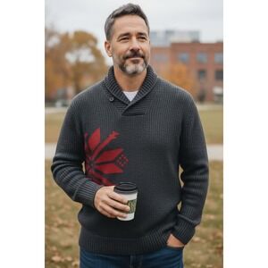 Eddie Bauer Men Gray Snowflake Shawl Collar Cotton Sweater Size M